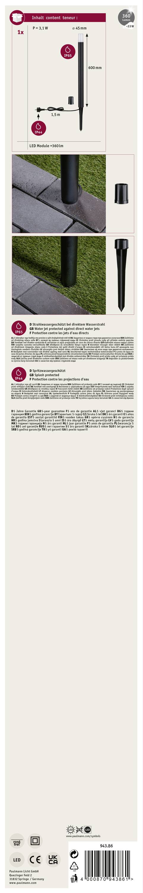 Paulmann 94386 venkovní stojací LED lampa LED černá-4