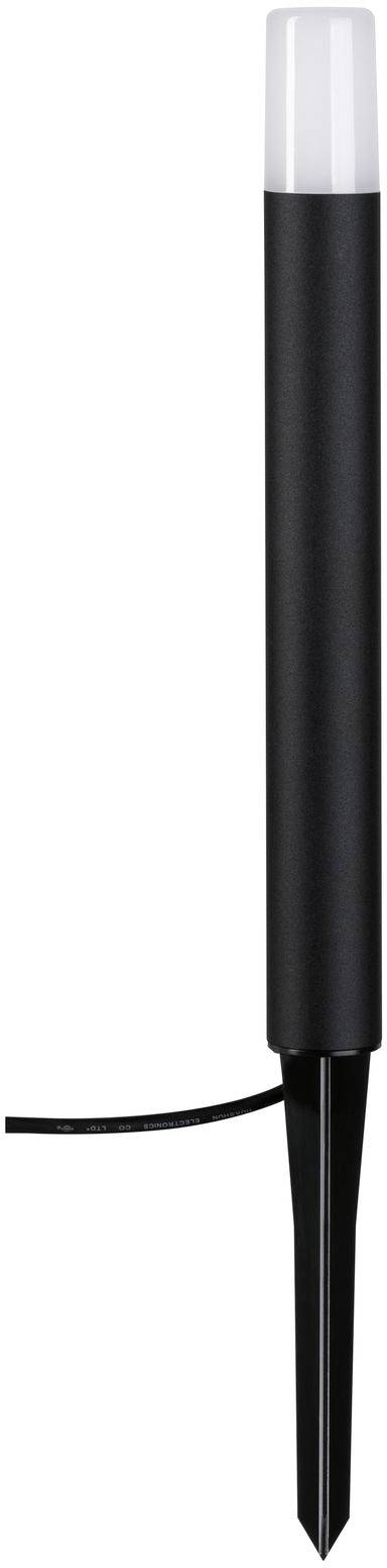 Černé venkovní osvětlení se zemním hrotem a kabelem, válcovitého tvaru s bílou osvětlovací hlavicí. Ideální pro osvětlení zahradních cest.