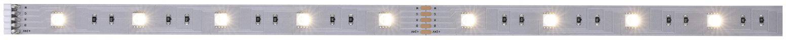 Flexibilní LED pásek s devíti stejnoměrně rozmístěnými bílými LED světly a oranžovými značkami mezi nimi.