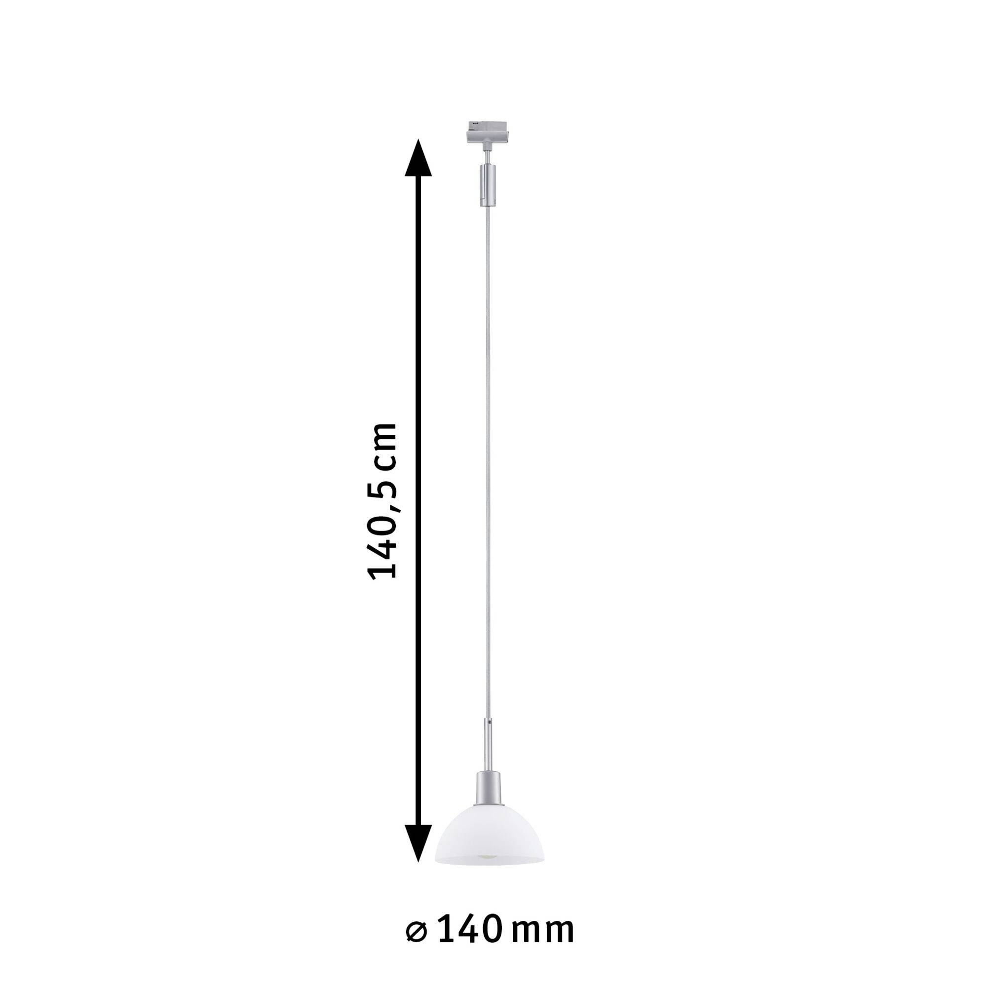 Závěsné svítidlo s bílým stínidlem, celková výška 140,5 cm, průměr stínidla 140 mm. Moderní, minimalistický design.