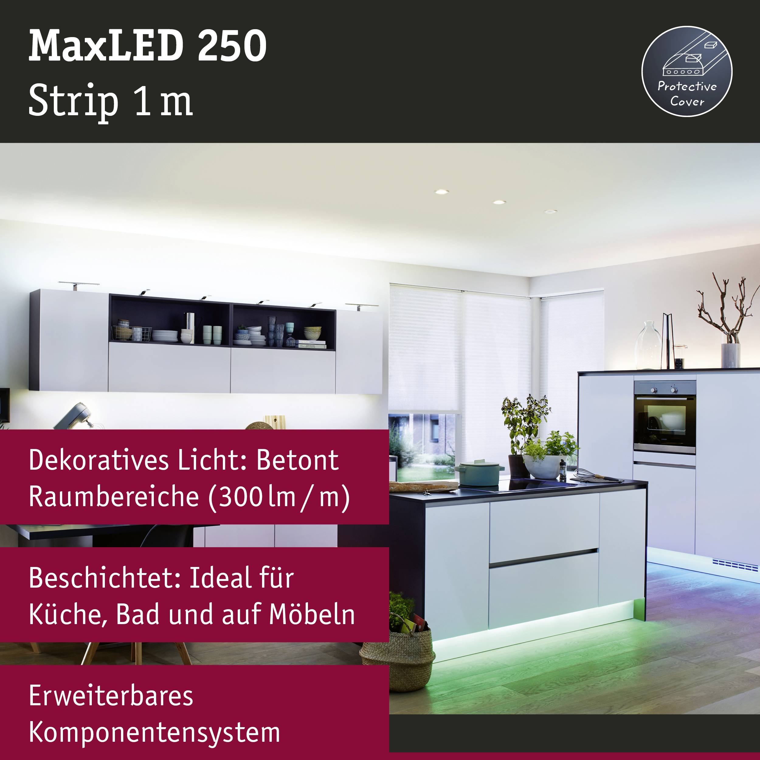 Moderní obytný prostor s LED osvětlením zvýrazňující kuchyňské a obytné plochy. Produkt: MaxLED 250, 1m světelný pás.