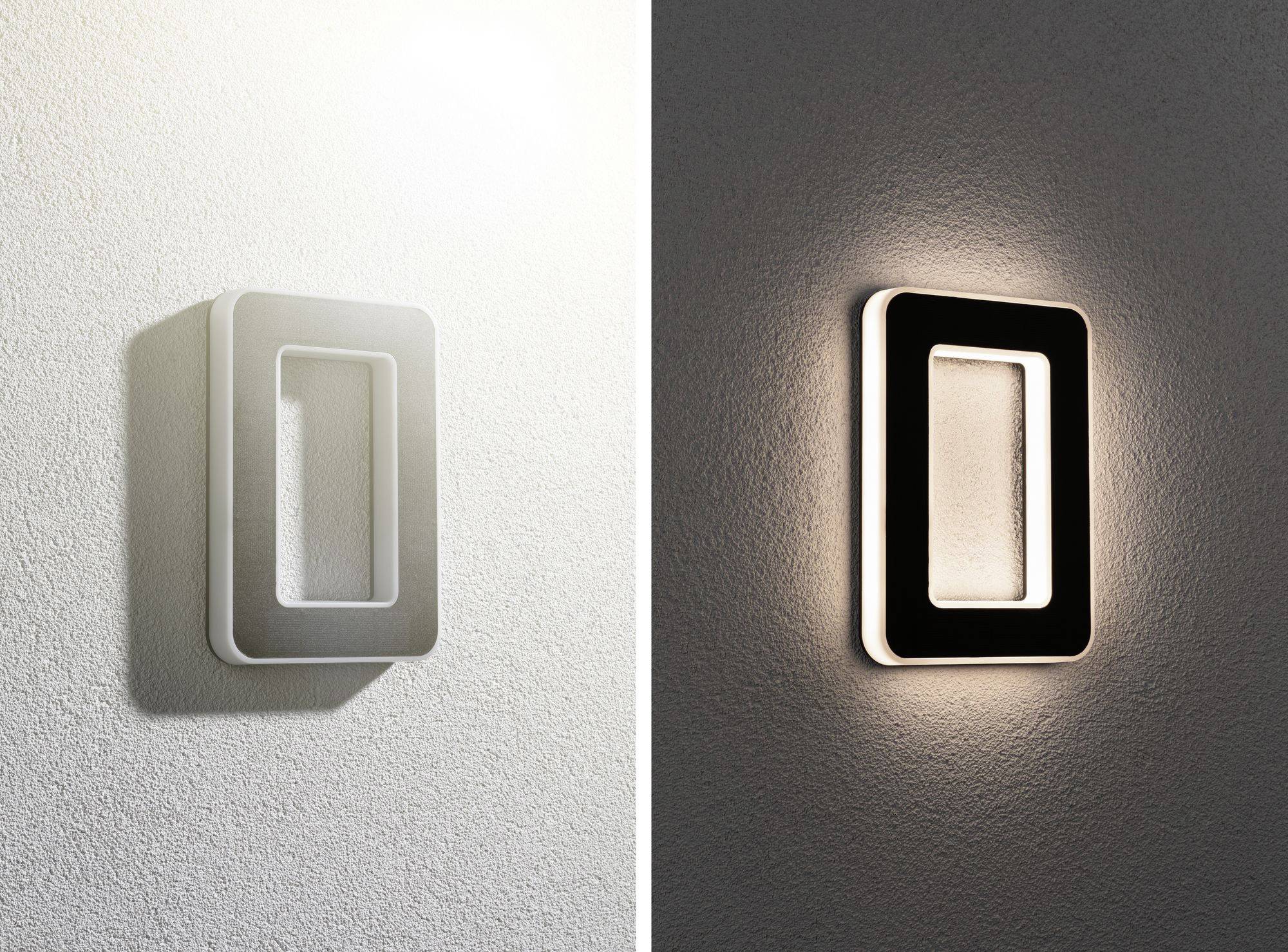 Moderní nástěnná lampa, obdélníkového tvaru, jemně svítí na šedé stěně ve tmě, kontrastuje s vypnutým stavem.