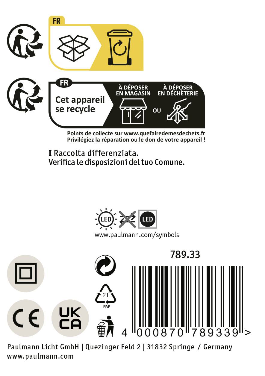 Štítek s instrukcemi pro recyklaci a čárovým kódem. LED a CE symboly. Text v francouzštině a italštině pro správnou likvidaci.