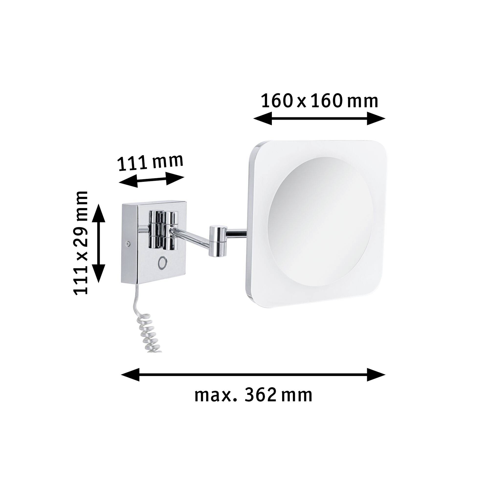 Čtvercové kosmetické zrcadlo s LED osvětlením, rozměry 160x160 mm. Zrcadlové rameno je maximálně vytahovatelné do délky 362 mm a upevněné na nástěnné desce.