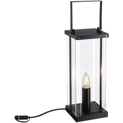 Černá lampa z kovu a skla se svítící žárovkou, stojící na stole. Připojený kabel s vidlicí.