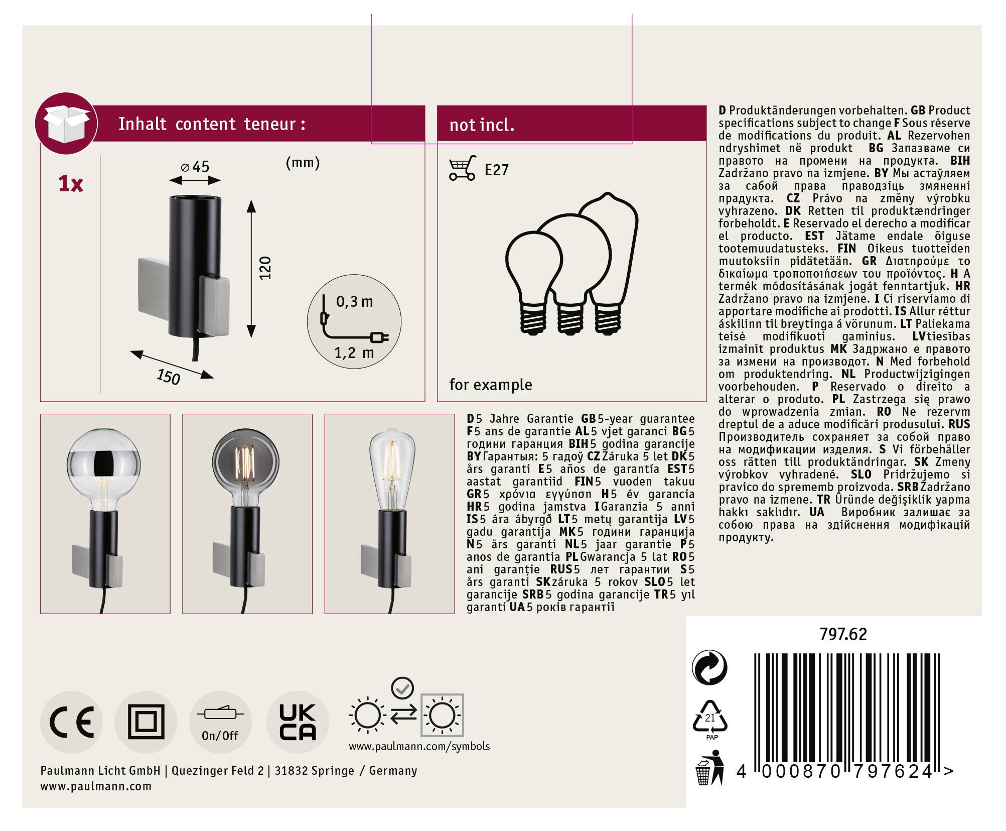 Obal produktu pro lampu. Obsahuje technické informace, rozměry, obrázek lampy se žárovkou a detaily záruky.
