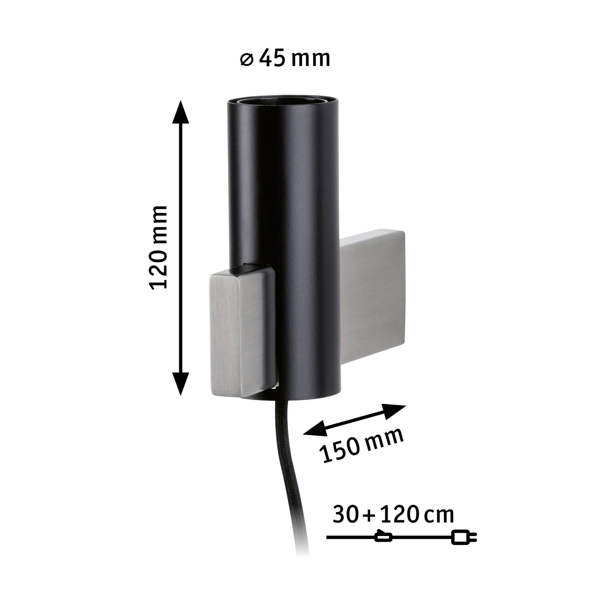 Válcová černá nástěnná lampa, průměr 45 mm, výška 120 mm, délka 150 mm, s kabelem 30 + 120 cm.