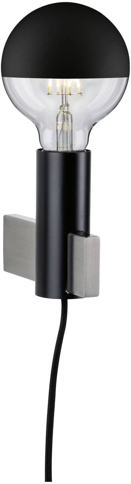 Moderní nástěnné svítidlo s černým válcovitým podstavcem a odhazenou žárovkou. Elegantní pro minimalistické prostory.