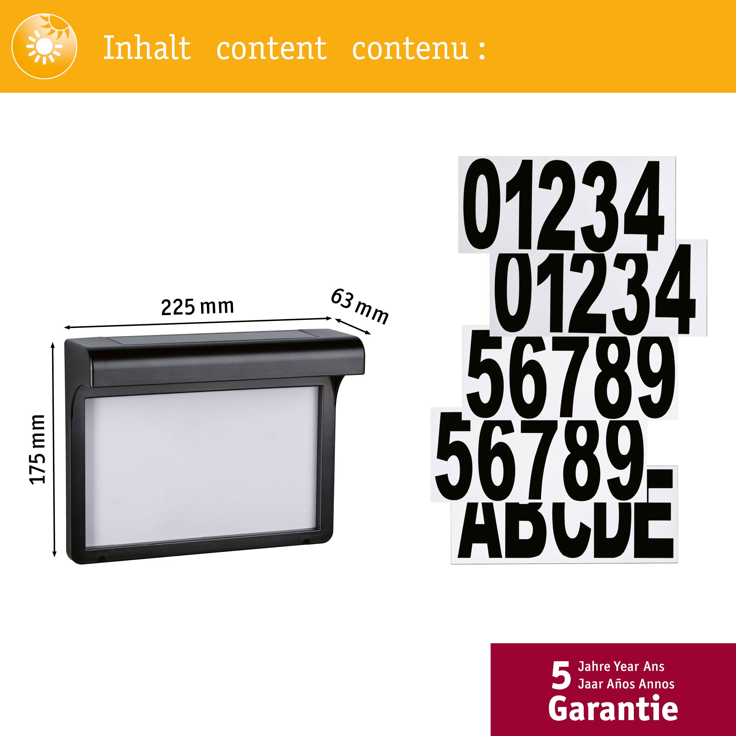 'Venkovní lampa s číselnými a písmenkovými sadami pro přizpůsobení. Rozměry: 225 x 63 x 175 mm. Včetně 5leté záruky.'