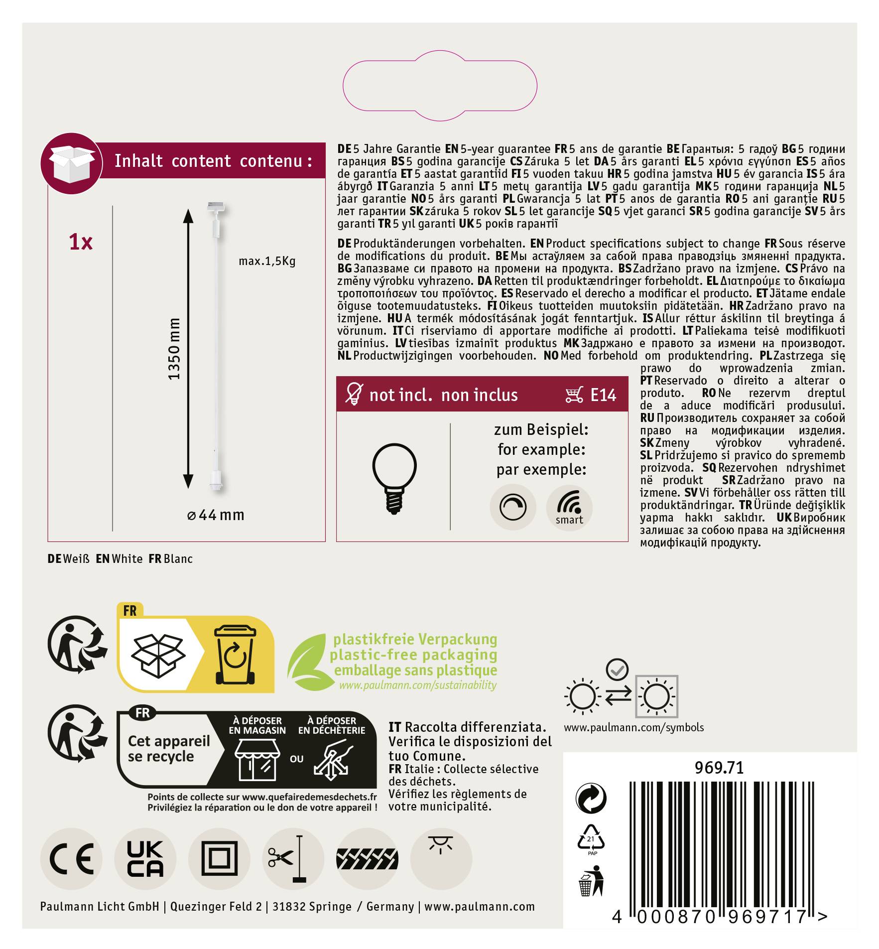 'Paulmann' obal na lampu s vyobrazením produktu a specifikacemi. Obsahuje ilustraci lampy a symboly pro návod k použití.