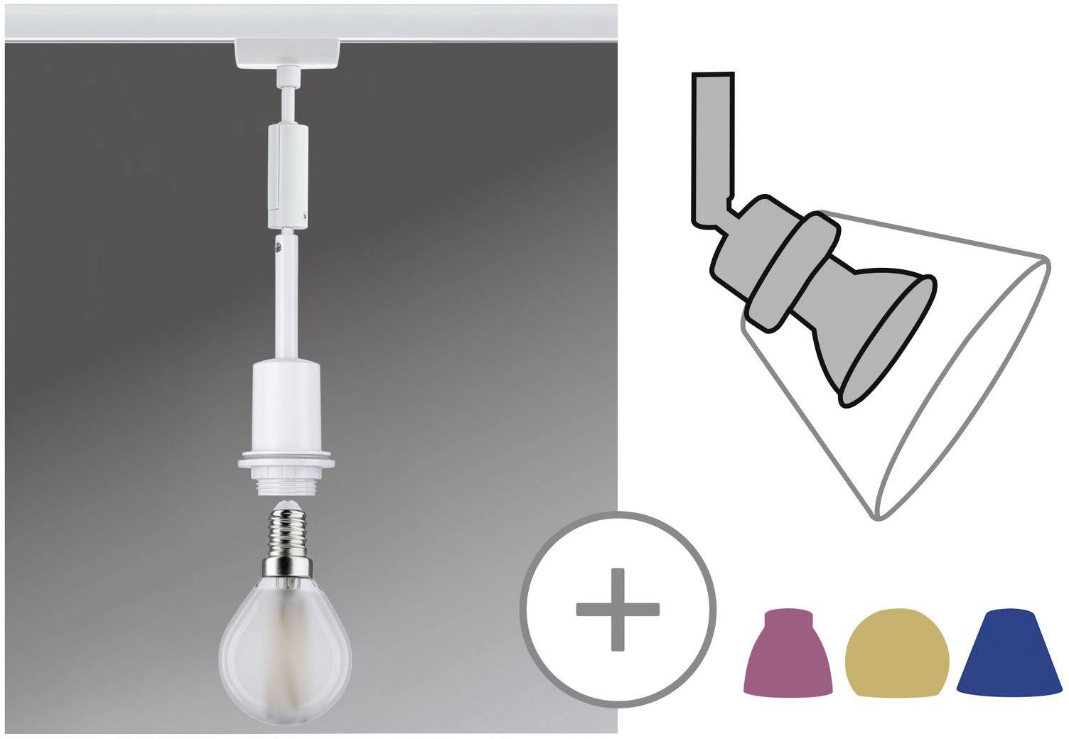 Lampa s nastavitelným stínidlem, zobrazující obrysy tří různých tvarů stínidel v šedé, béžové a modré barvě pro výměnu.