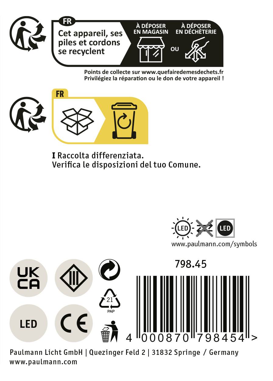 Etiketa s recyklačními pokyny: Pokyny k likvidaci zařízení, baterií a kabelů. Symboly pro LED a certifikát UKCA.