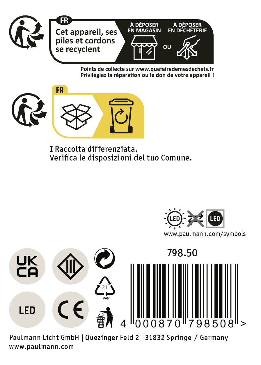 Graf produktového recyklingu a likvidace ve francouzské a italské verzi. Obsahuje symboly pro LED, UKCA a energeticky úsporné likvidační pokyny.