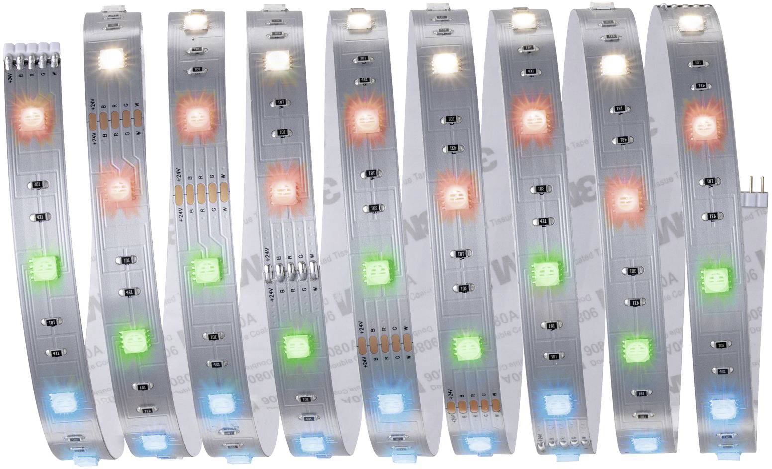 LED světelný pásek v několika barvách na průhledném pruhu, zobrazuje modré, červené, zelené a bílé světlo, vhodný pro dekoraci.
