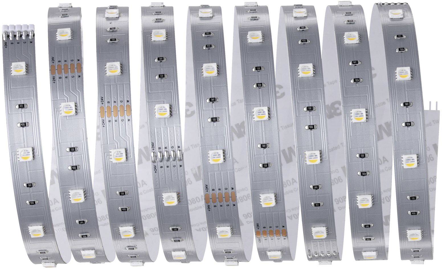 LED pásek s více diodami, rovnoměrně rozmístěnými na flexibilním materiálu. Vhodný pro osvětlovací projekty a dekoraci.