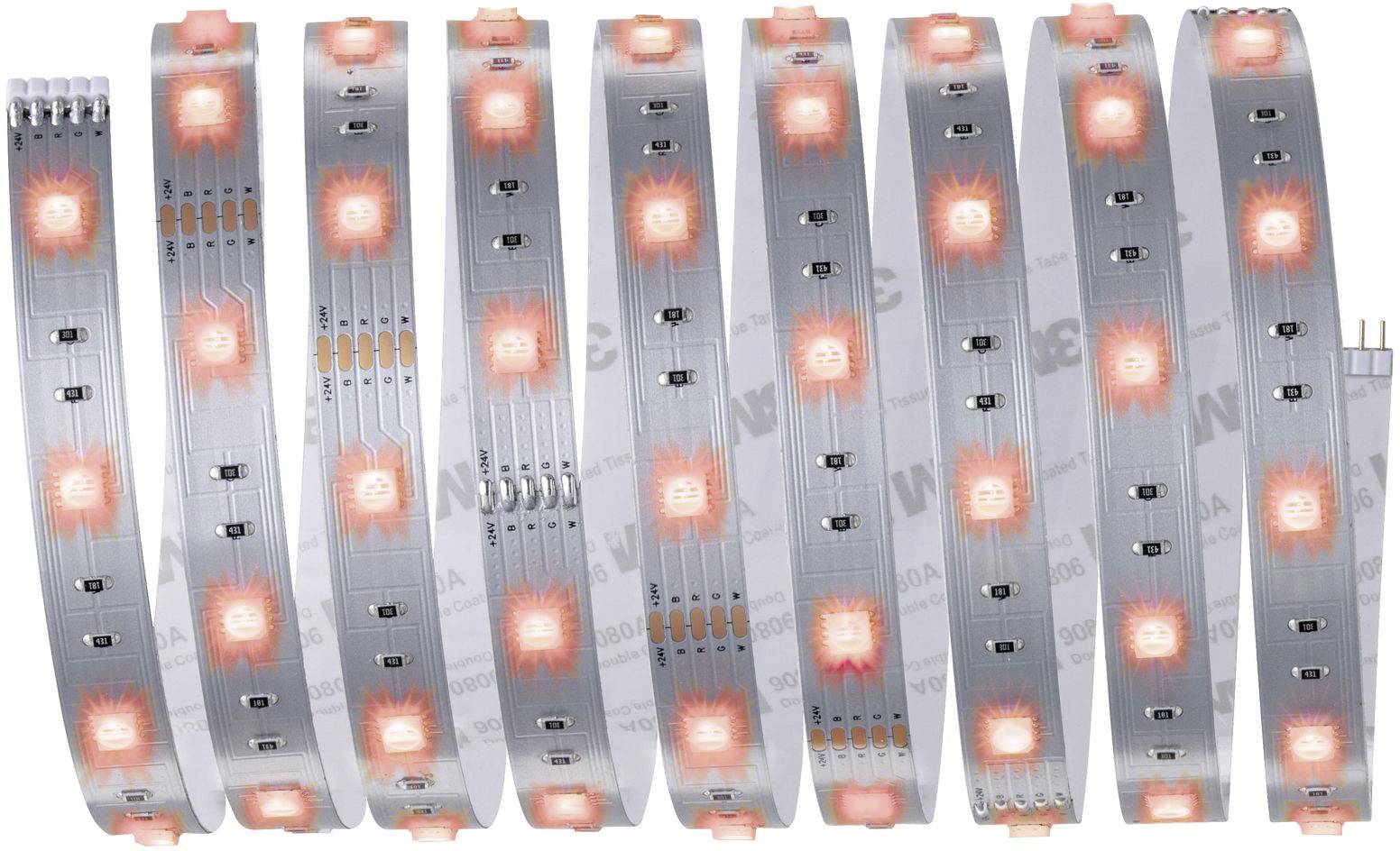 LED pásek s osvětlenými, rovnoměrně rozmístěnými oranžovými LED diodami na flexibilní šedé základní desce.