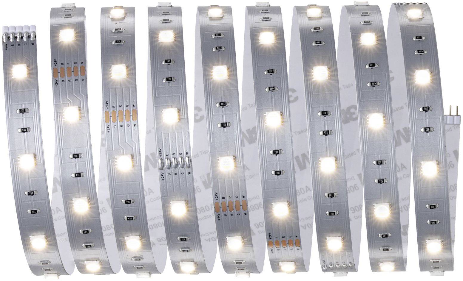 LED pásek těsně stočený do spirály svítí rovnoměrně bílými světly podél celé své délky.