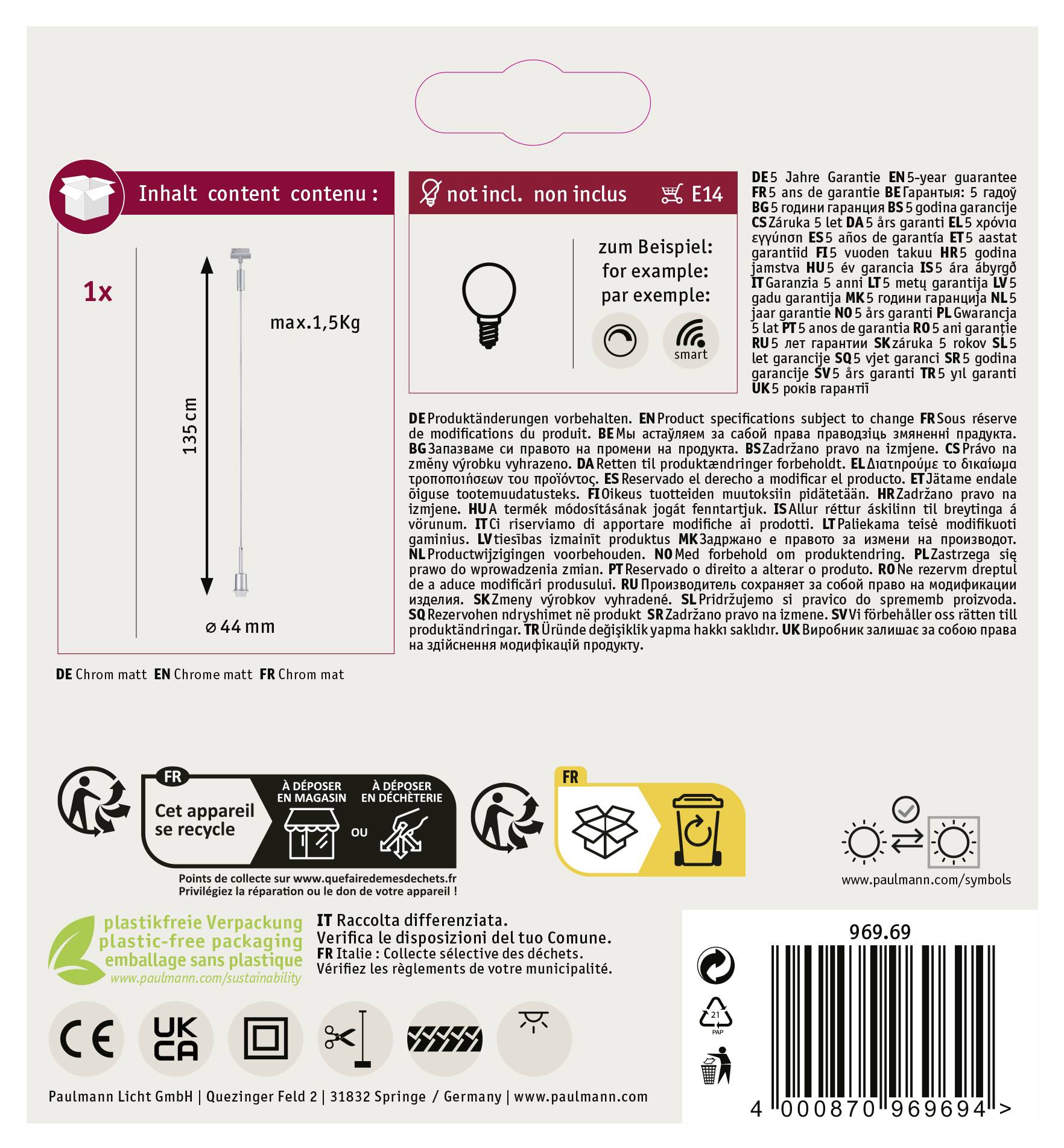 Obal svítidla 'Paulmann Leuchte' s technickou specifikací. Nosnost až 1,5 kg, výrobek neobsahuje žárovku, objímka E14, výška 195 cm. Symboly pro recyklaci elektrických zařízení a údaje o záruce.