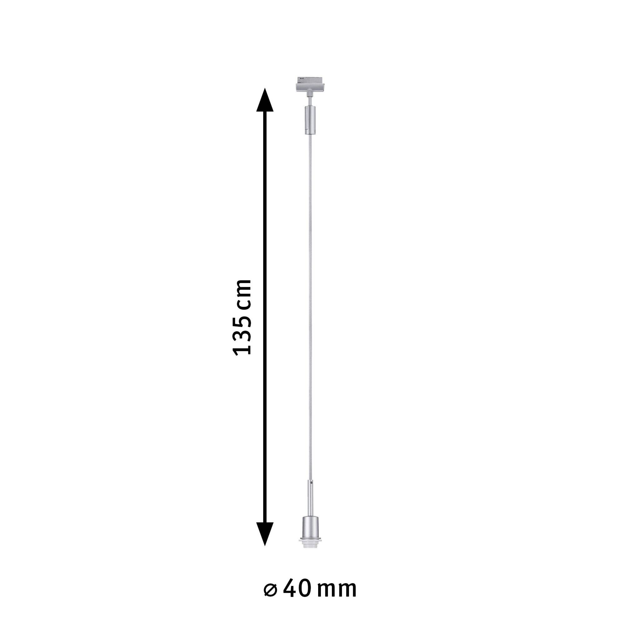 Dlouhé, úzké stříbrné pero s celkovou délkou 135 cm a průměrem 40 mm, zobrazené vertikálně.