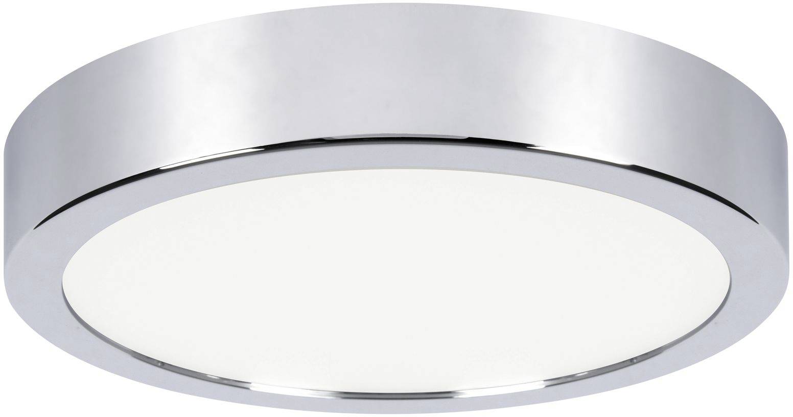 Kulatá, plochá stropní svítidla s stříbrným lemováním a bílou osvětlovací plochou, vhodná pro moderní interiéry.