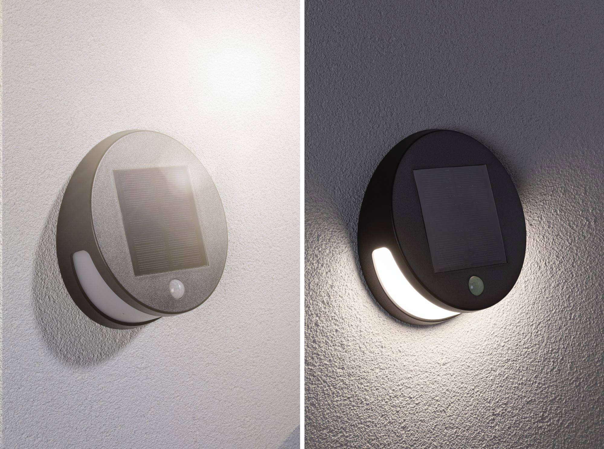 Kulatá solární lampa na zdi. Vlevo přes den se slunečním světlem, vpravo v noci se svítící lampou.