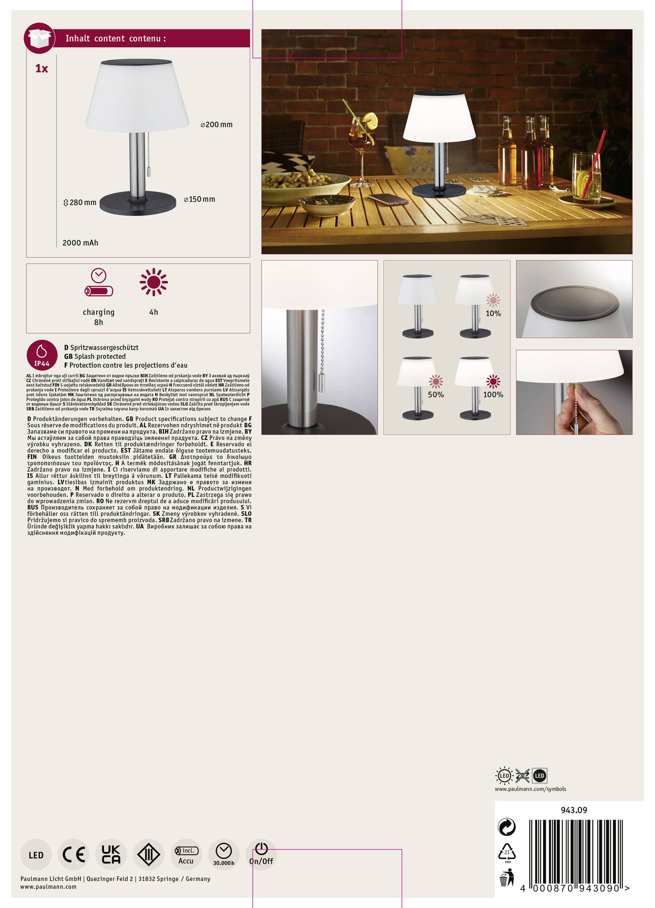 Obrázek setu stolních lamp. Jedna lampa na dřevěném stole, vedle nápoje. Detailní pohledy na lampu a návod k obsluze.