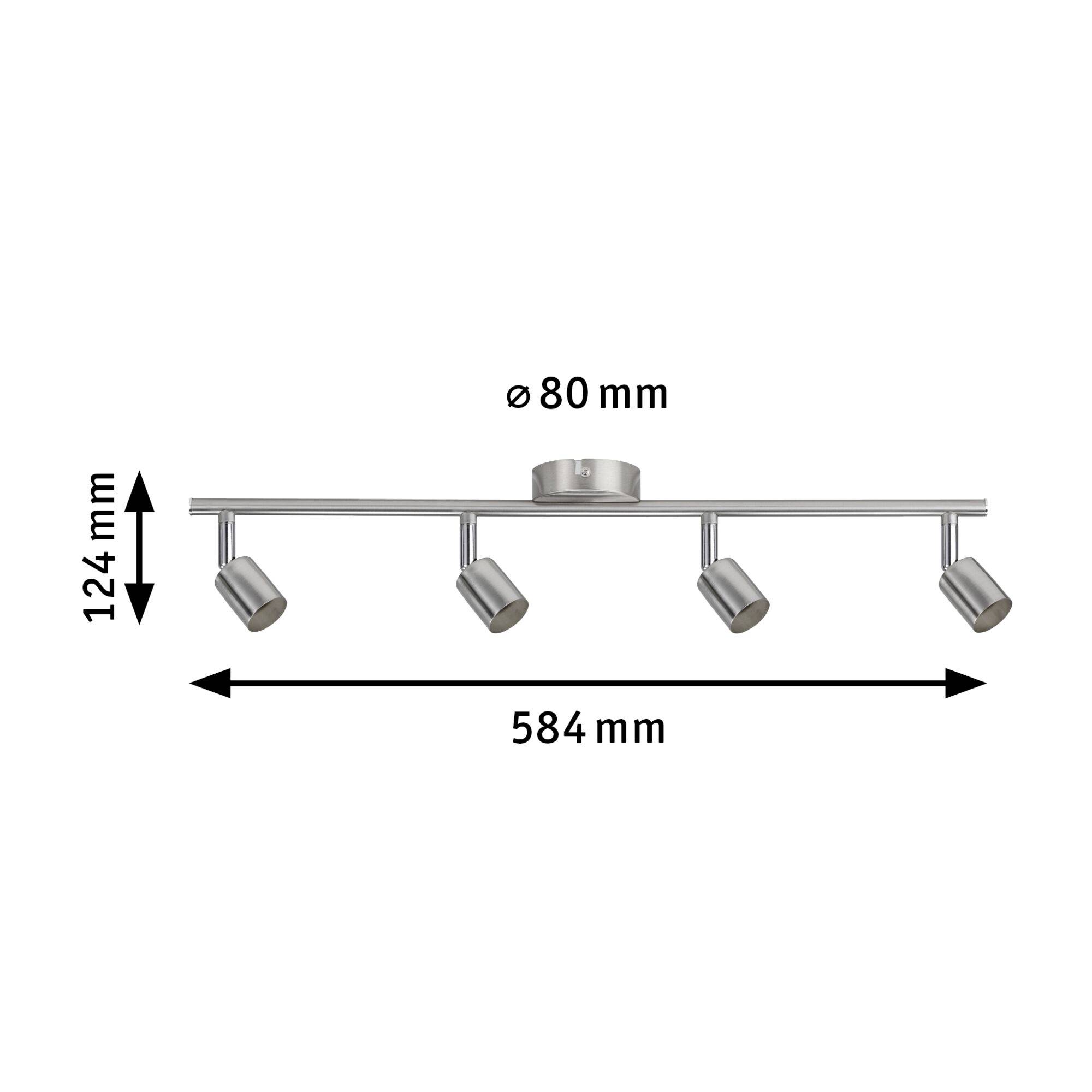 Lišta se čtyřmi nastavitelnými reflektory, rozměry: šířka 584 mm, výška 124 mm, průměr držáku 80 mm.