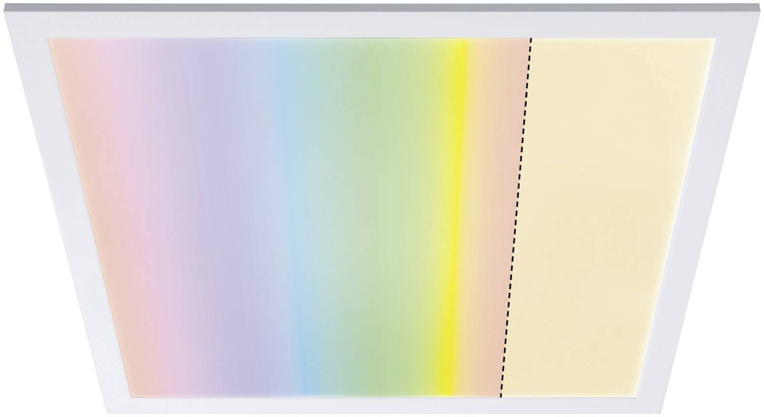 LED panel s barevným přechodem z fialové do žluté a přerušovanou svislou linkou na světle žlutém pozadí.