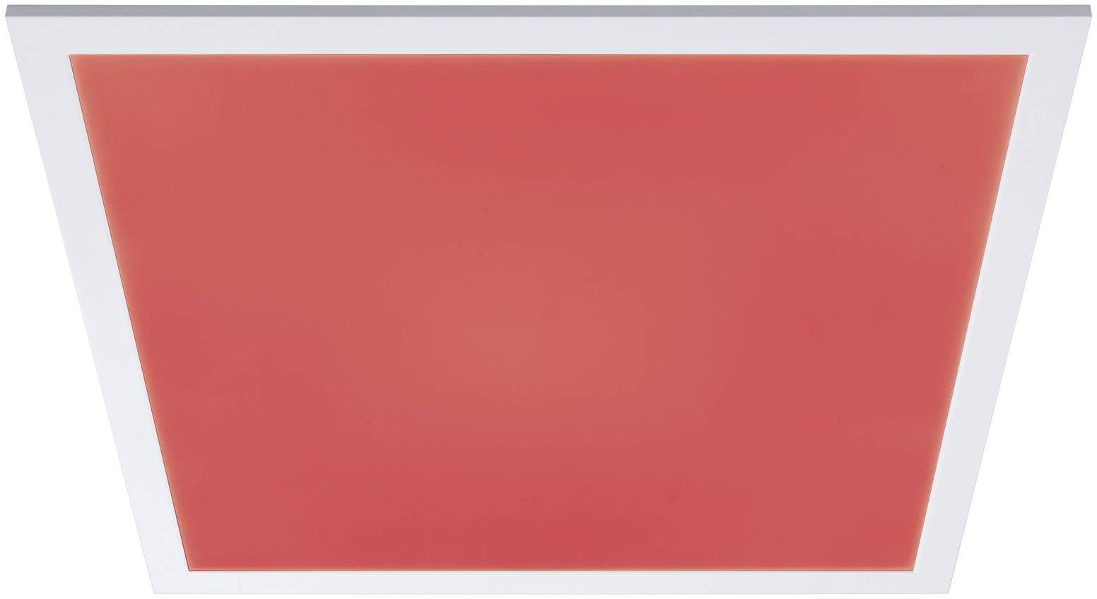 Čtvercový panel, který svítí světle červeně a má bílý rám, visí na stropě.