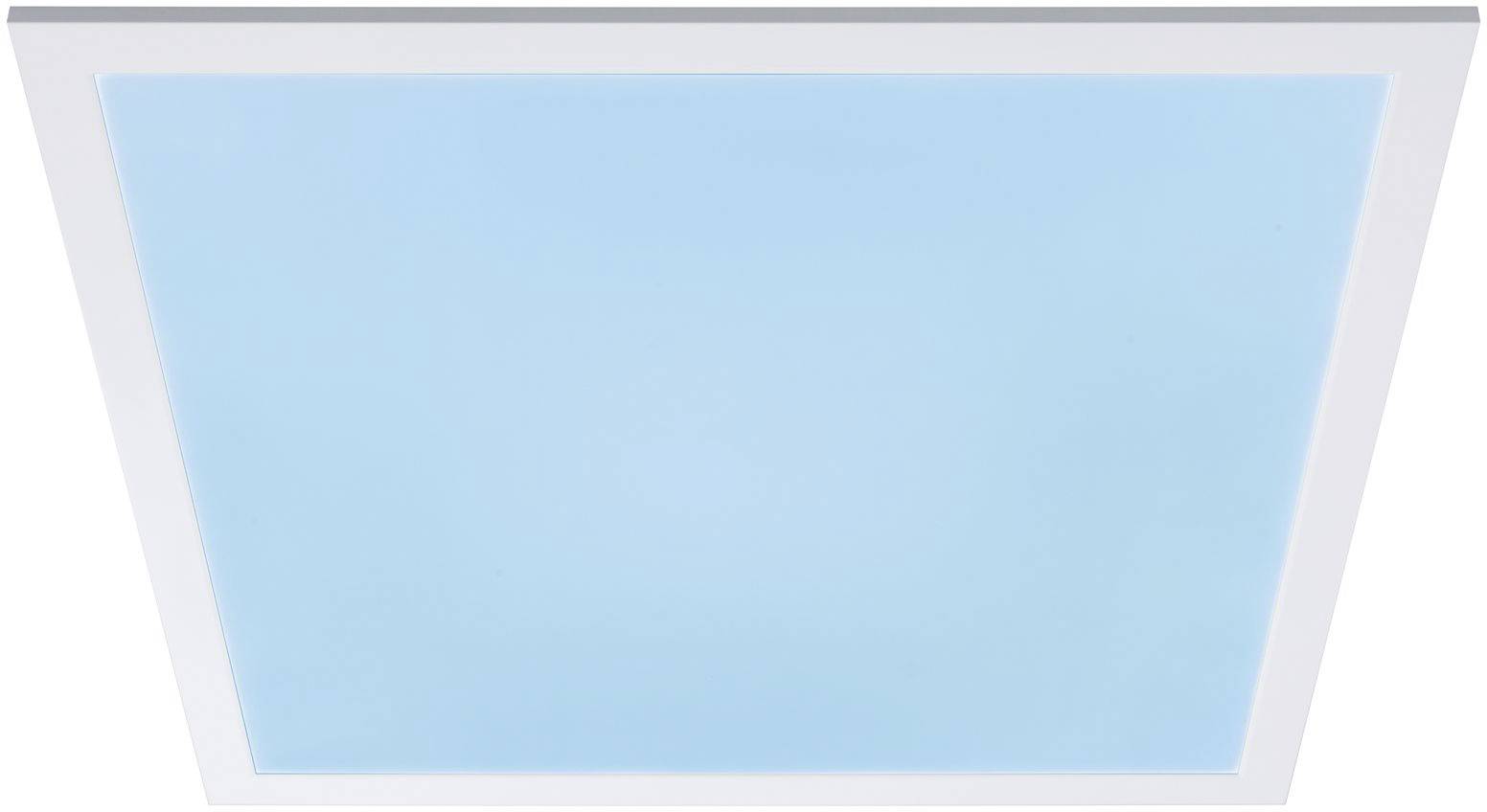 Čtvercový, moderní LED stropní panel s modrým světlem, zasazený do bílého rámu, vhodný do kancelářských nebo obytných prostor.