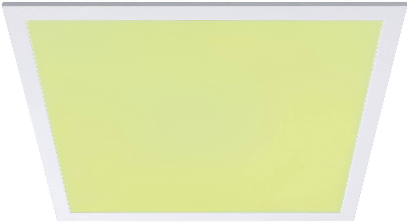 Čtvercový LED panel v žluté barvě, zasazený do bílého rámu, představuje moderní osvětlovací design.