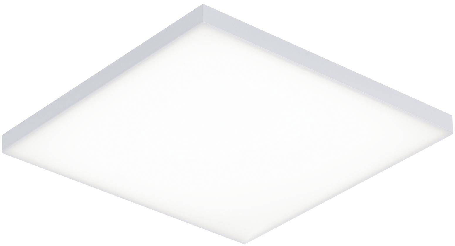 Čtvercový, plochý LED panel vyzařující jasné, bílé světlo. Vhodný pro montáž na strop v interiéru.