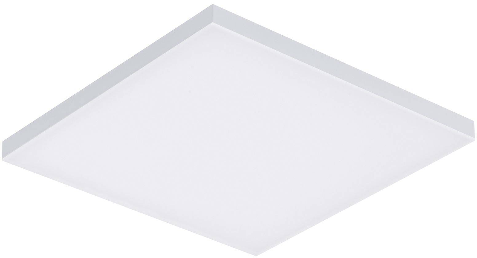 Bílé, čtvercové LED stropní svítidlo na bílém pozadí. Moderní a minimalistický design.