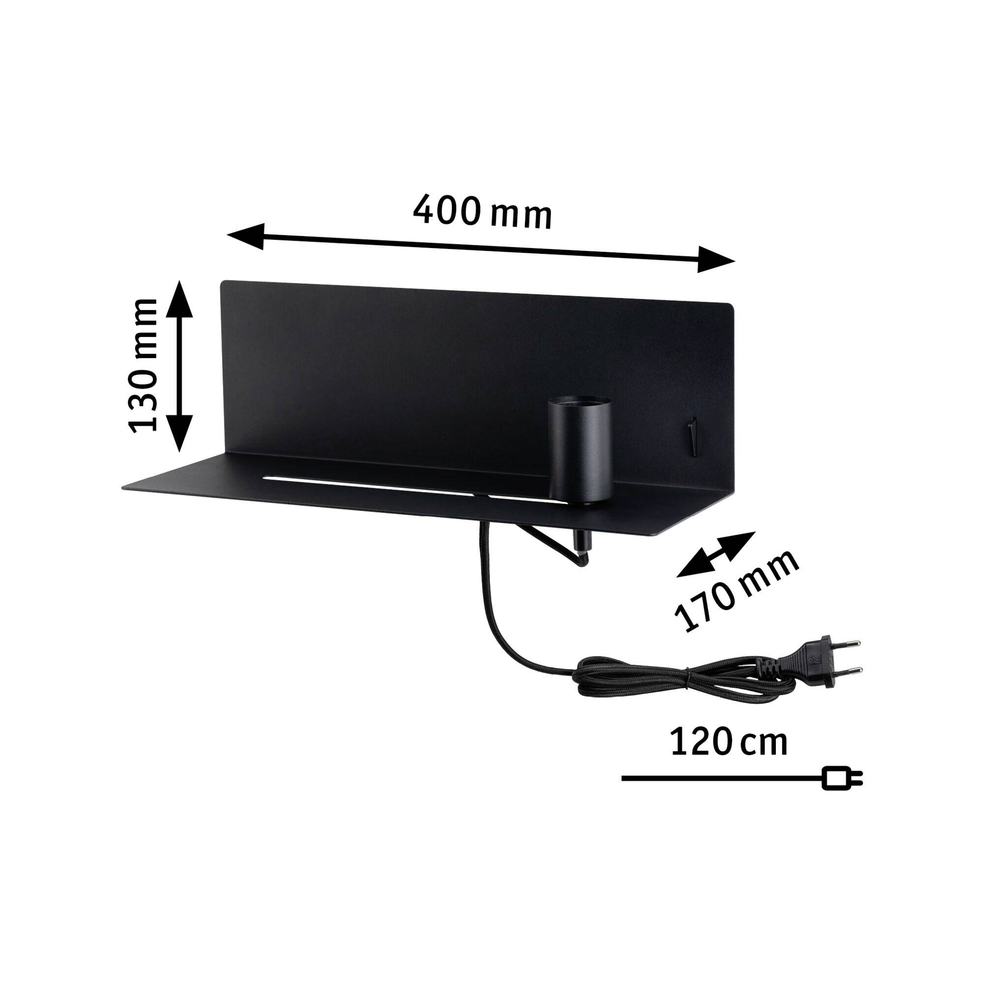 Černá police s integrovaným průchodem kabelů, rozměry: šířka 400 mm, hloubka 170 mm, výška 130 mm. Kabel: 120 cm dlouhý.