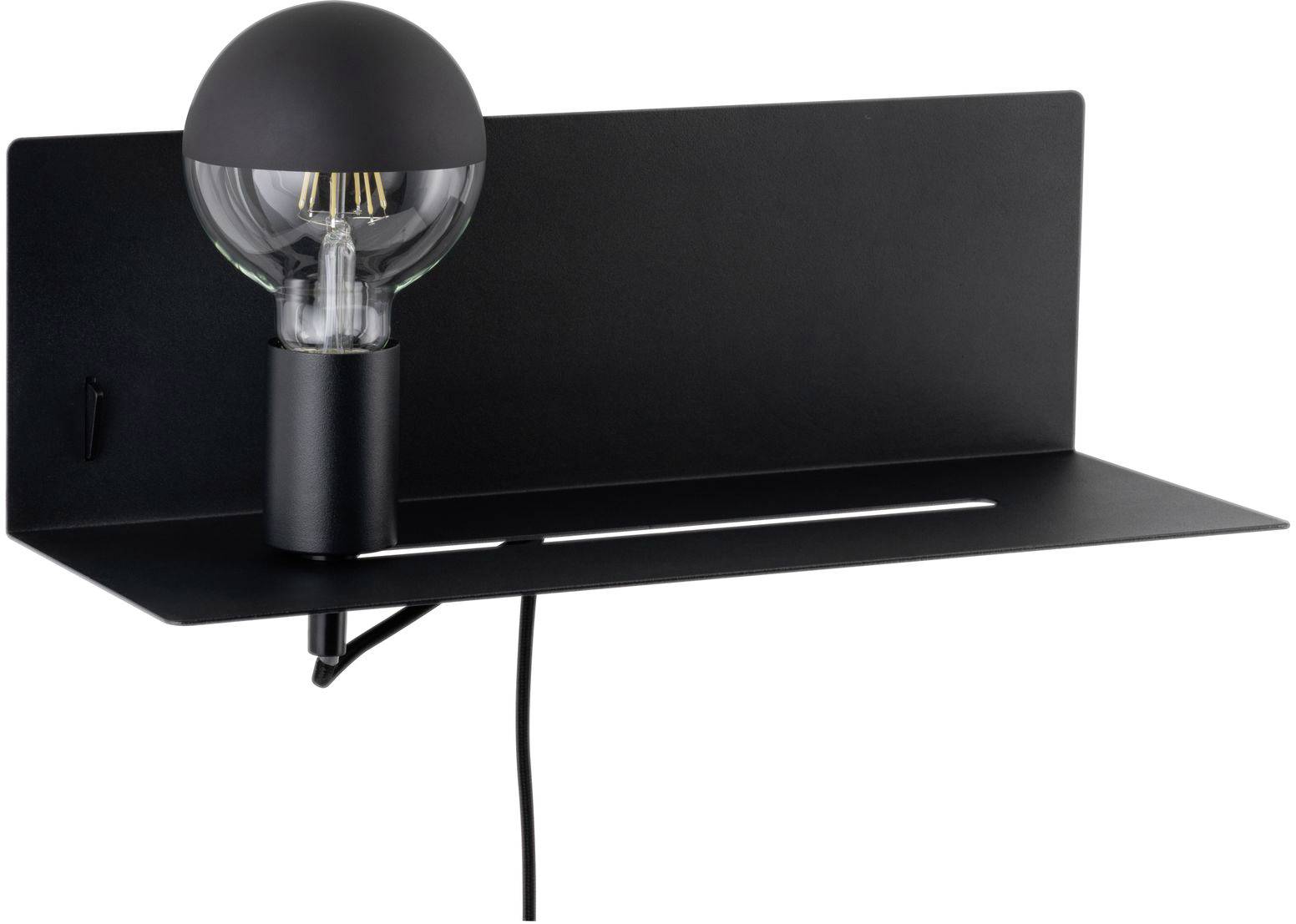 Stříbřitě šedá nástěnná lampa s kulatou černou základnou a průhledným skleněným stínidlem. Černý kabel vede od lampy dolů.