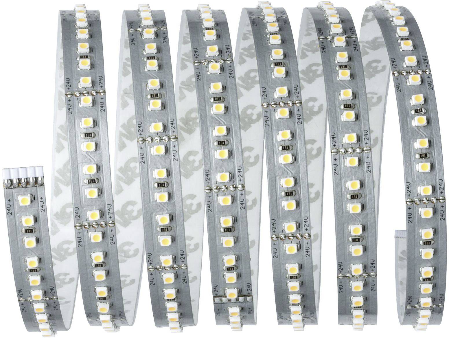 Svinutý LED pásek s několika svítícími LED diodami na flexibilní desce. Ideální pro osvětlení nebo dekoraci.