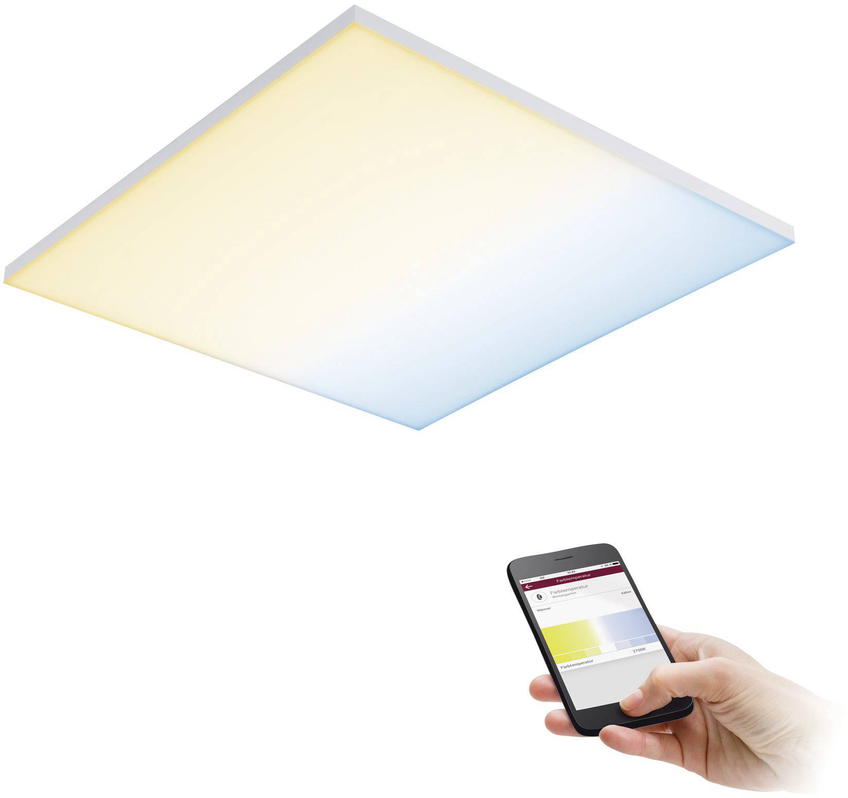 Stropní LED svítidlo s barevným přechodem od teplého po studené světlo, ovládané pomocí smartphonu v ruce.