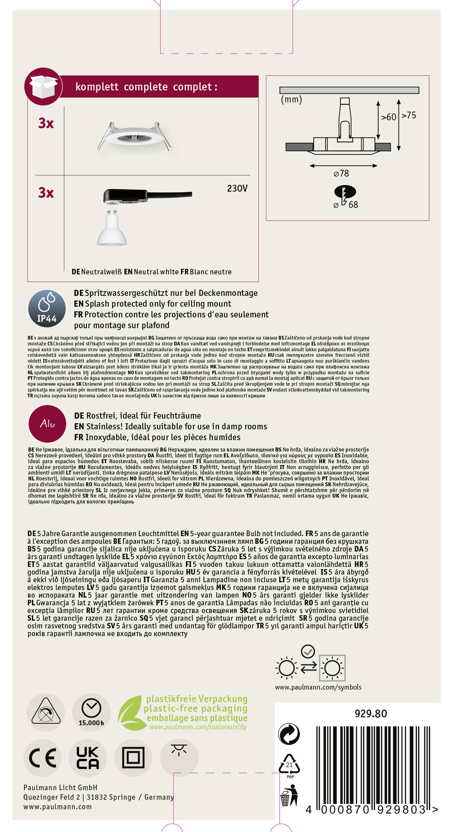 Zadní strana obalu osvětlení. Nahoře pokyny k instalaci, níže detaily záruky, bezpečnostních upozornění a informací o výrobci.