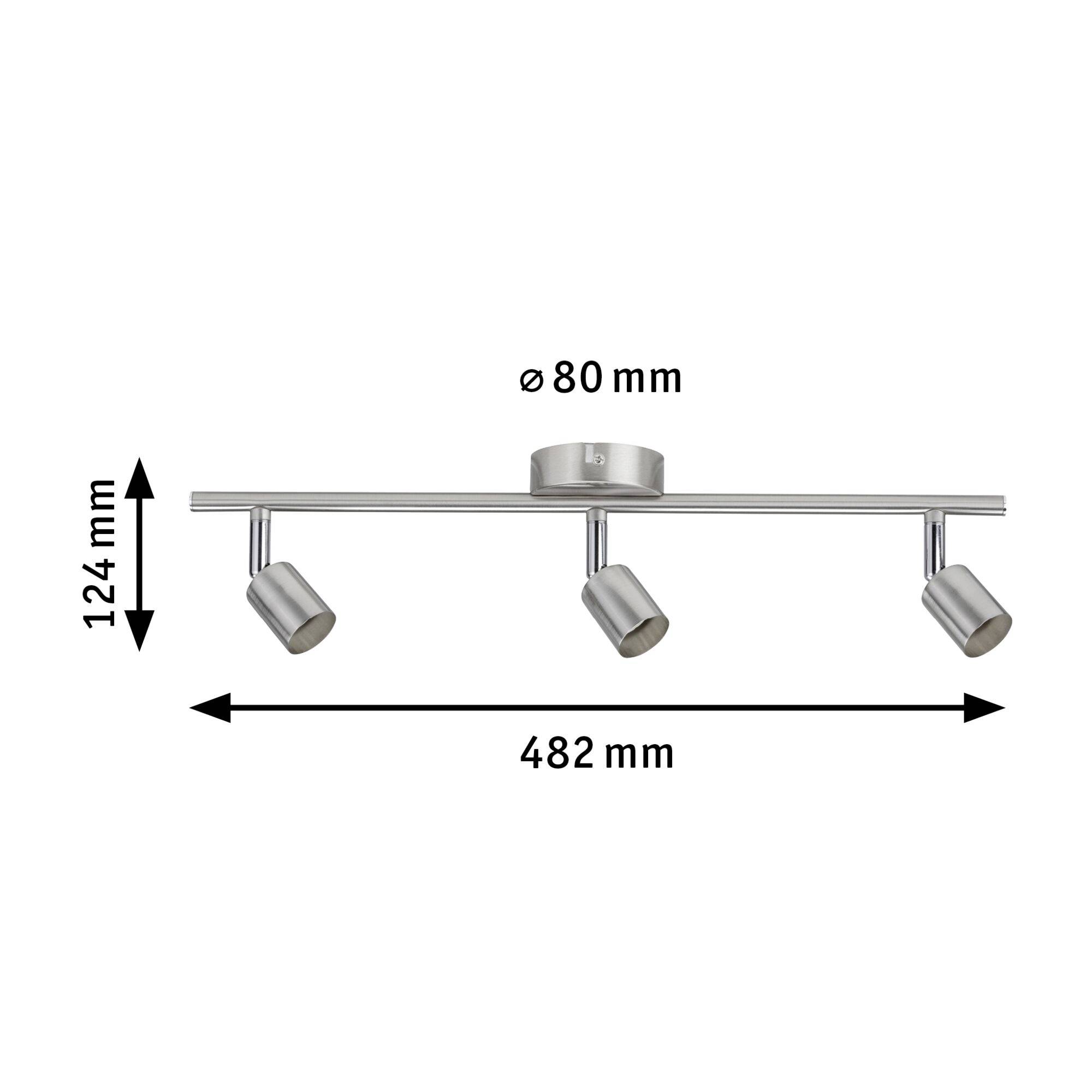 Tříramenná LED stropní svítidlo ve stříbrné barvě s otočnými a nastavitelnými reflektory; rozměry: 482 mm x 124 mm, montážní základna Ø 80 mm.
