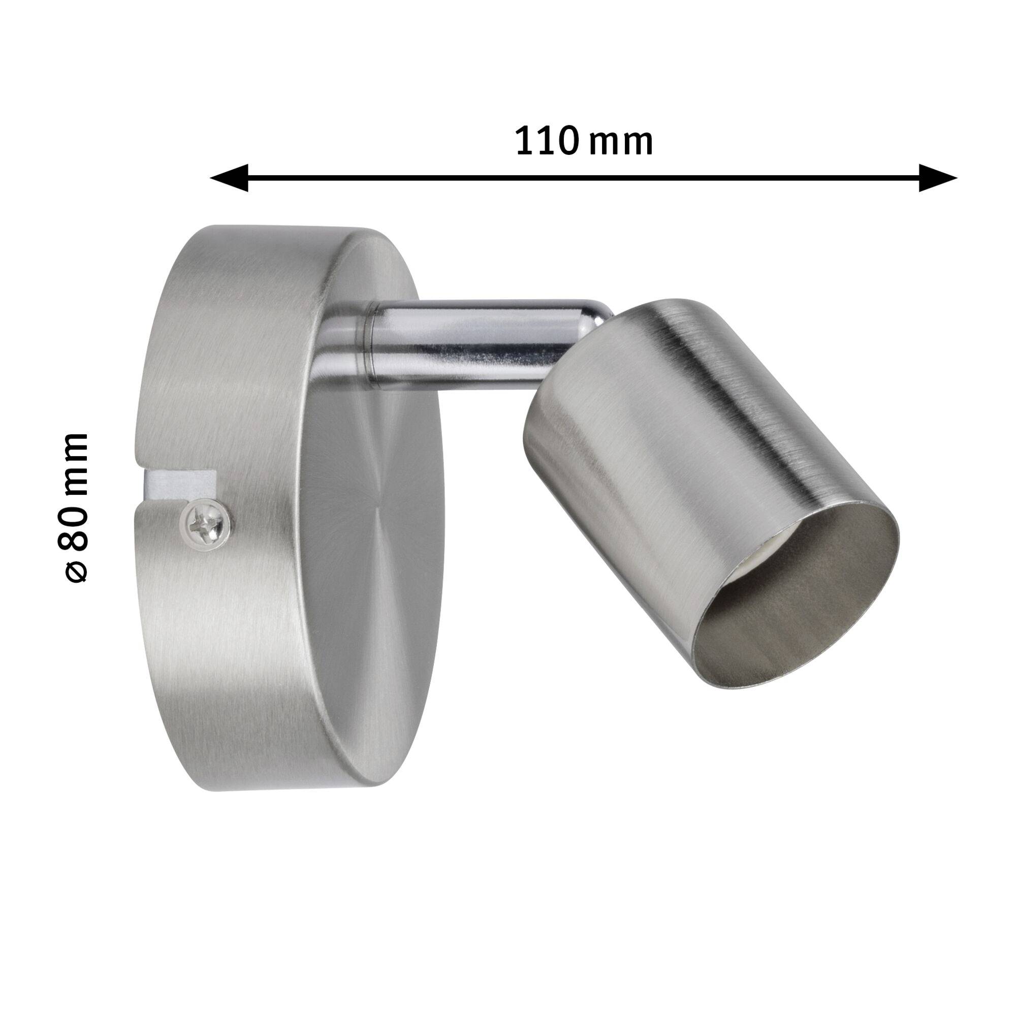 Nástěnná lampa z kartáčované oceli s nastavitelným bodovým osvětlením. Rozměry: 110 mm délka, 80 mm průměr.