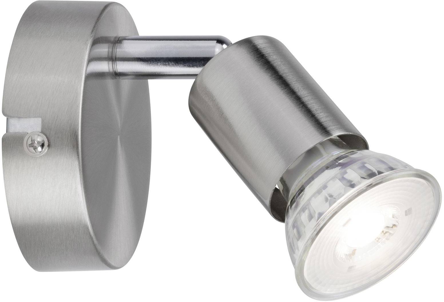 Moderní stříbrná nástěnná lampa s nastavitelným reflektorem, který svítí dolů. Vhodná pro směrové osvětlení.