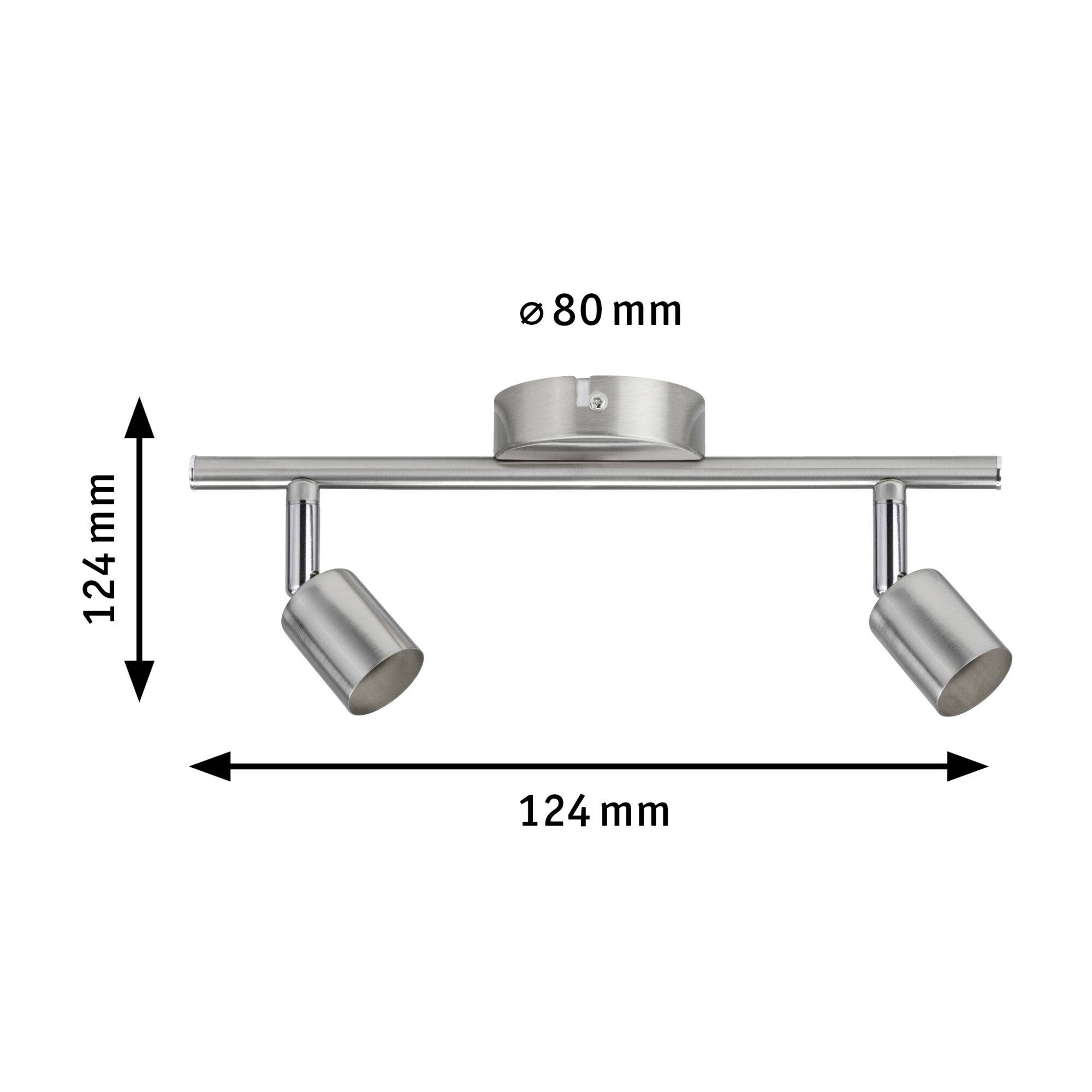 Dva nastavitelné bodové reflektory na tyči, stříbrné barvy, rozměry: výška 124 mm, šířka 124 mm, průměr 80 mm.