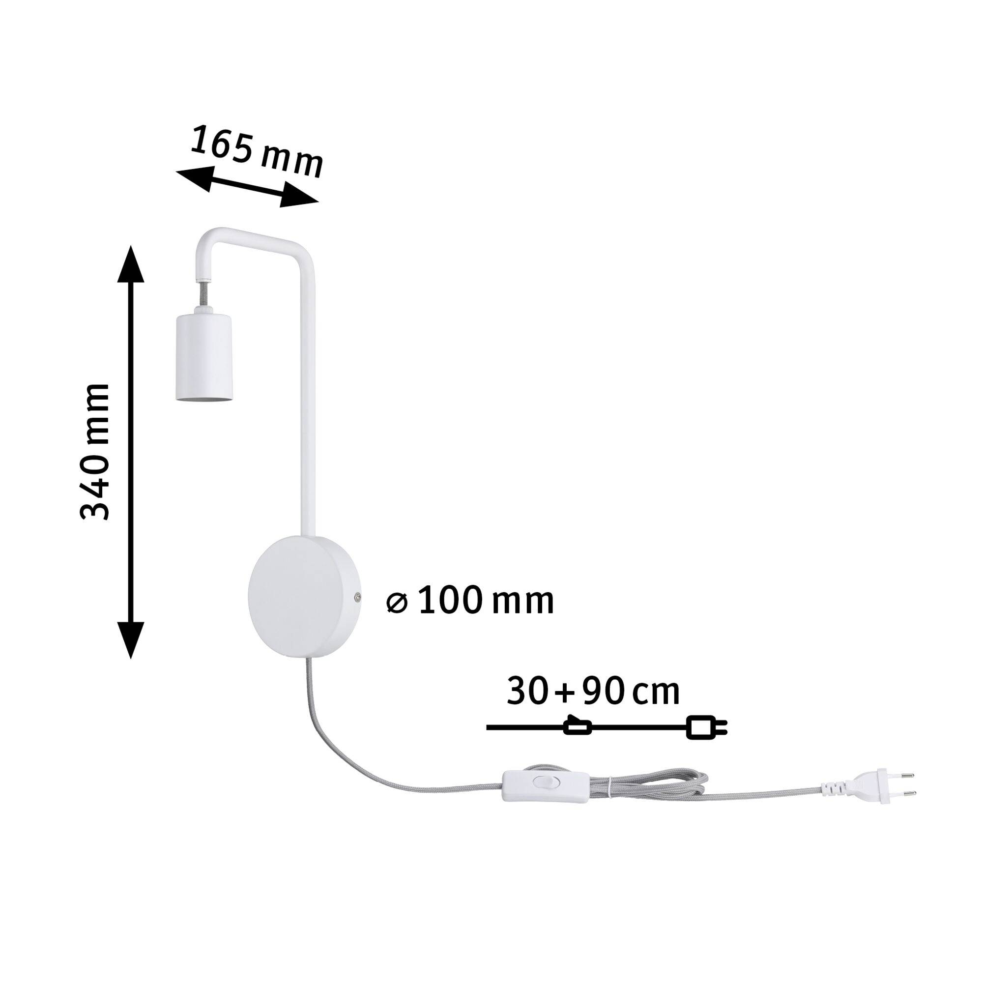 Bílá lampa s rozměry: výška 340 mm, šířka 165 mm, průměr základny 100 mm. Kabel 30+90 cm dlouhý se spínačem a zástrčkou.