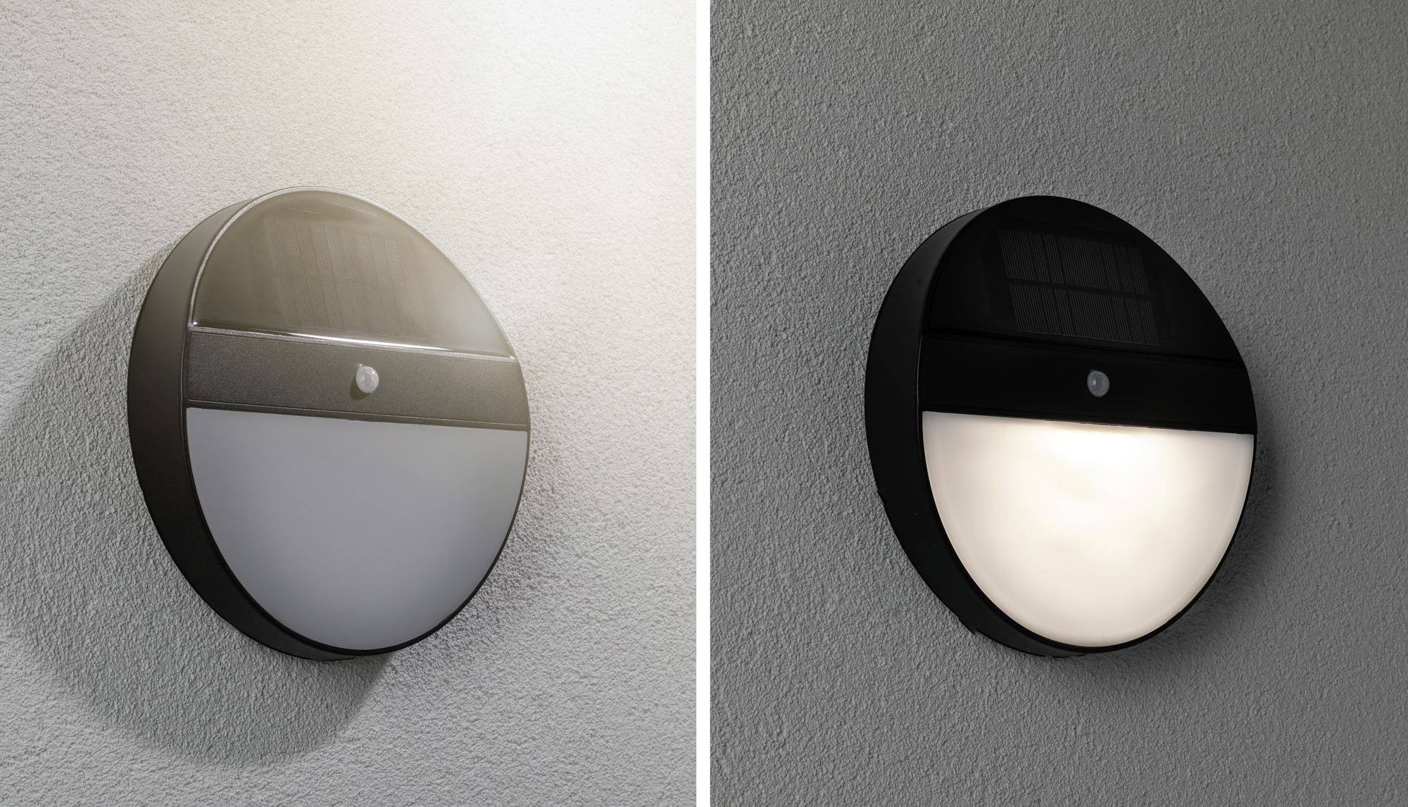 Dvě kulaté nástěnné lampy: vlevo na slunečním světle s vypnutým světlem, vpravo ve tmě se světlem zapnutým. Obě jsou napájeny solární energií.