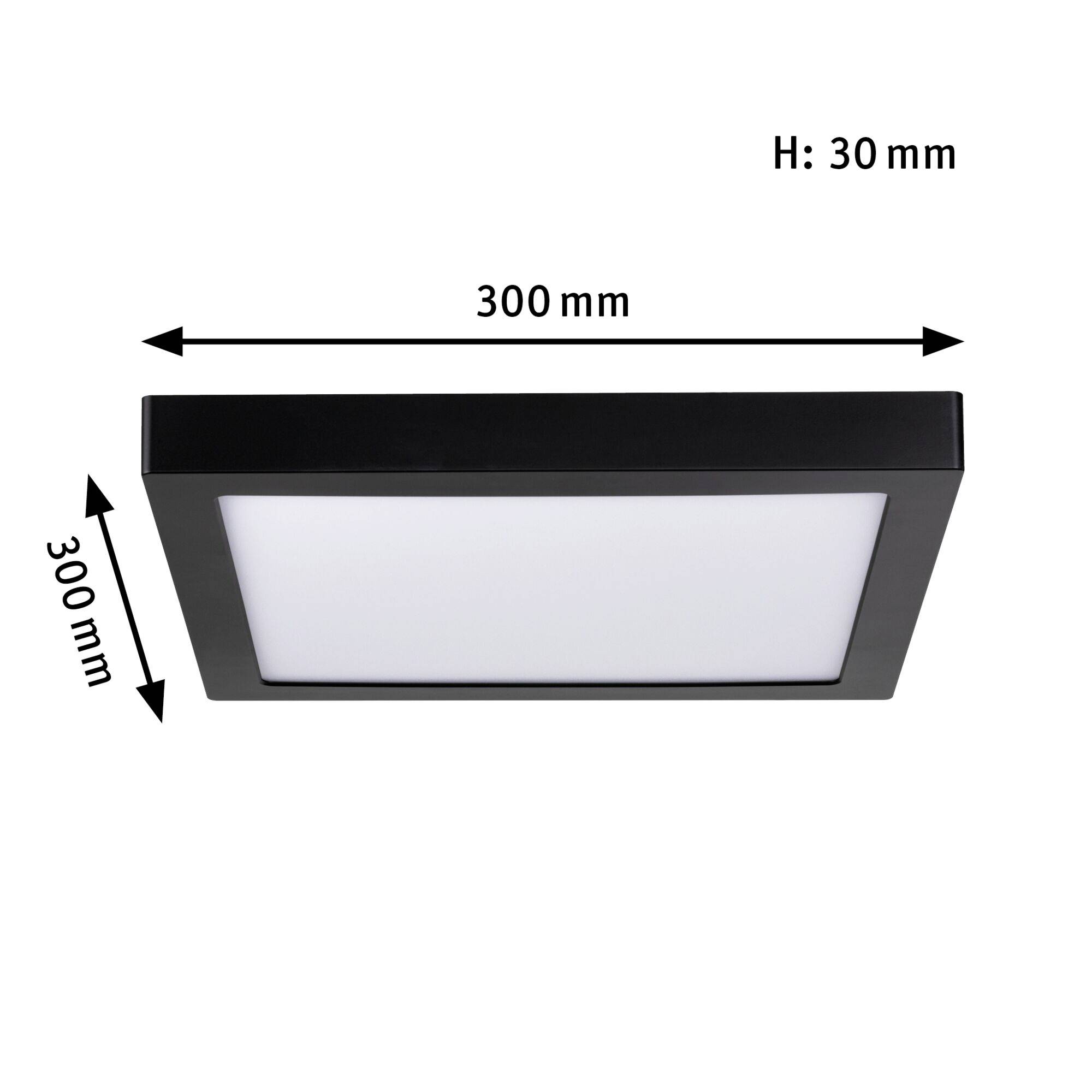Čtvercové LED stropní svítidlo, rozměry 300 x 300 mm, výška 30 mm, černý rámeček, bílá osvětlovací plocha.