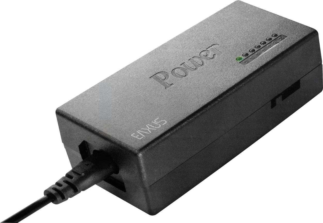 Černá napájecí jednotka Powerbox EMAXS s připojeným kabelem a zelenými stavovými LED diodami nahoře.