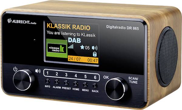 Albrecht DR 865 27865 stolní rádio, DAB+, FM, AUX, bezbariérové, vč. dálkového ovládání, zámek klávesnice, funkce alarmu, dřevo (tmavé)