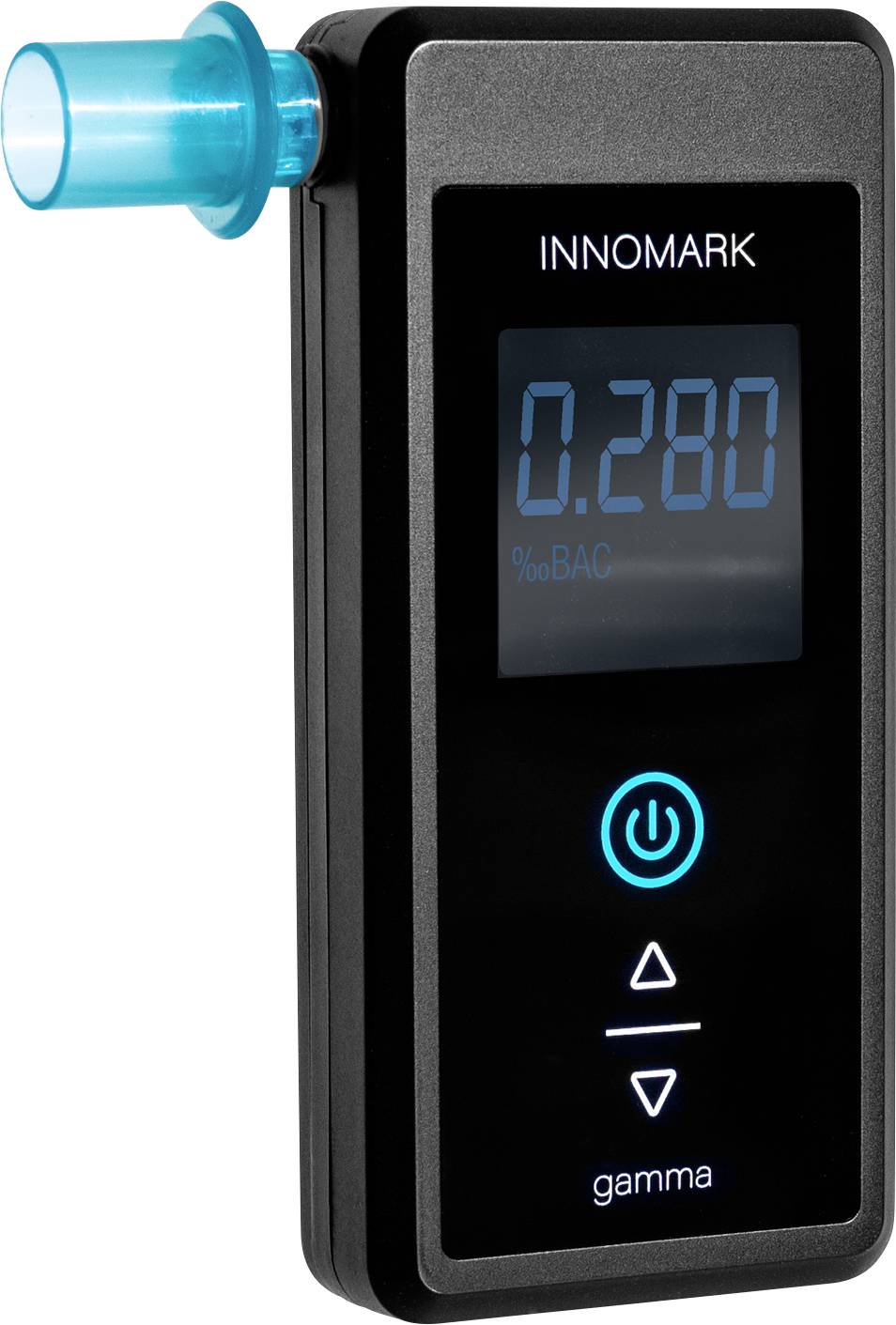 Alkoholový tester s digitálním displejem ukazuje hladinu alkoholu v krvi 0,280. Modrý náústek, černé pouzdro.