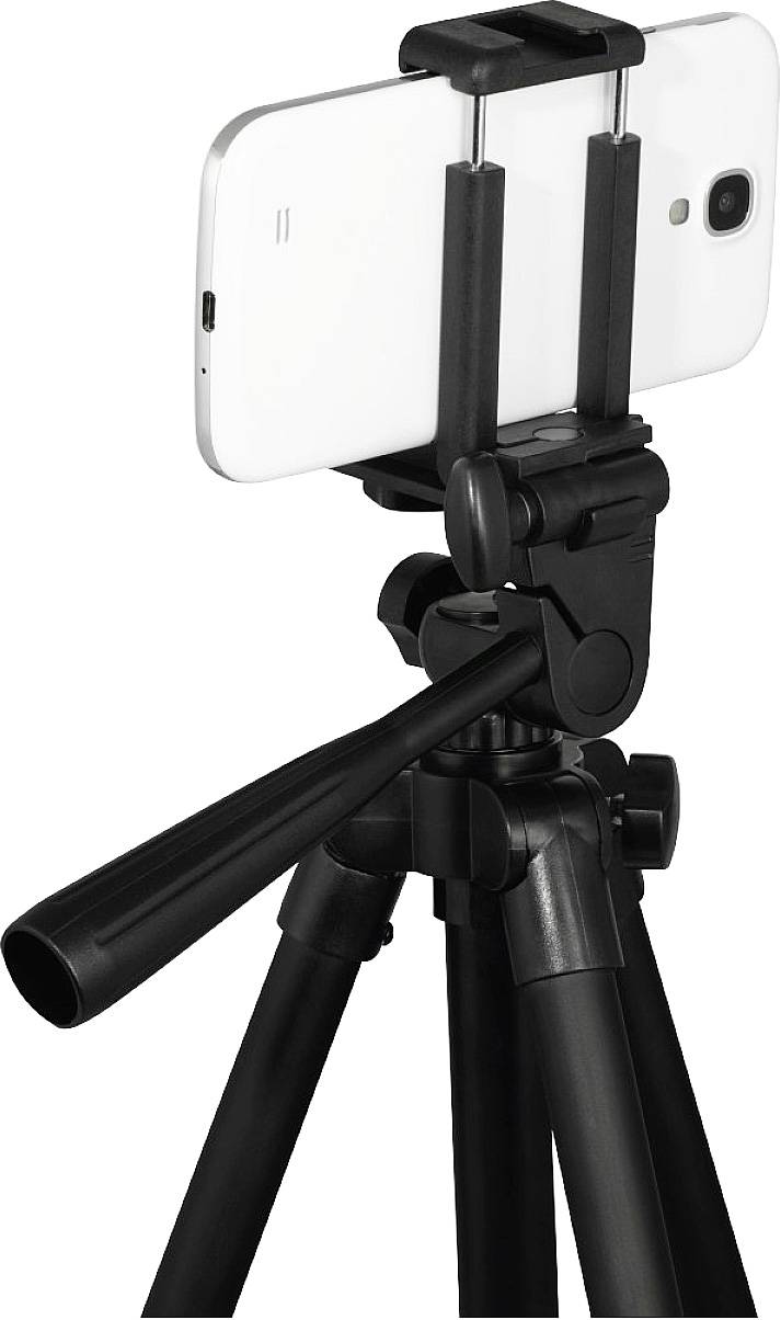 Bílý smartphone je upevněn na černém stativu, který se používá pro natáčení videí nebo fotografování.