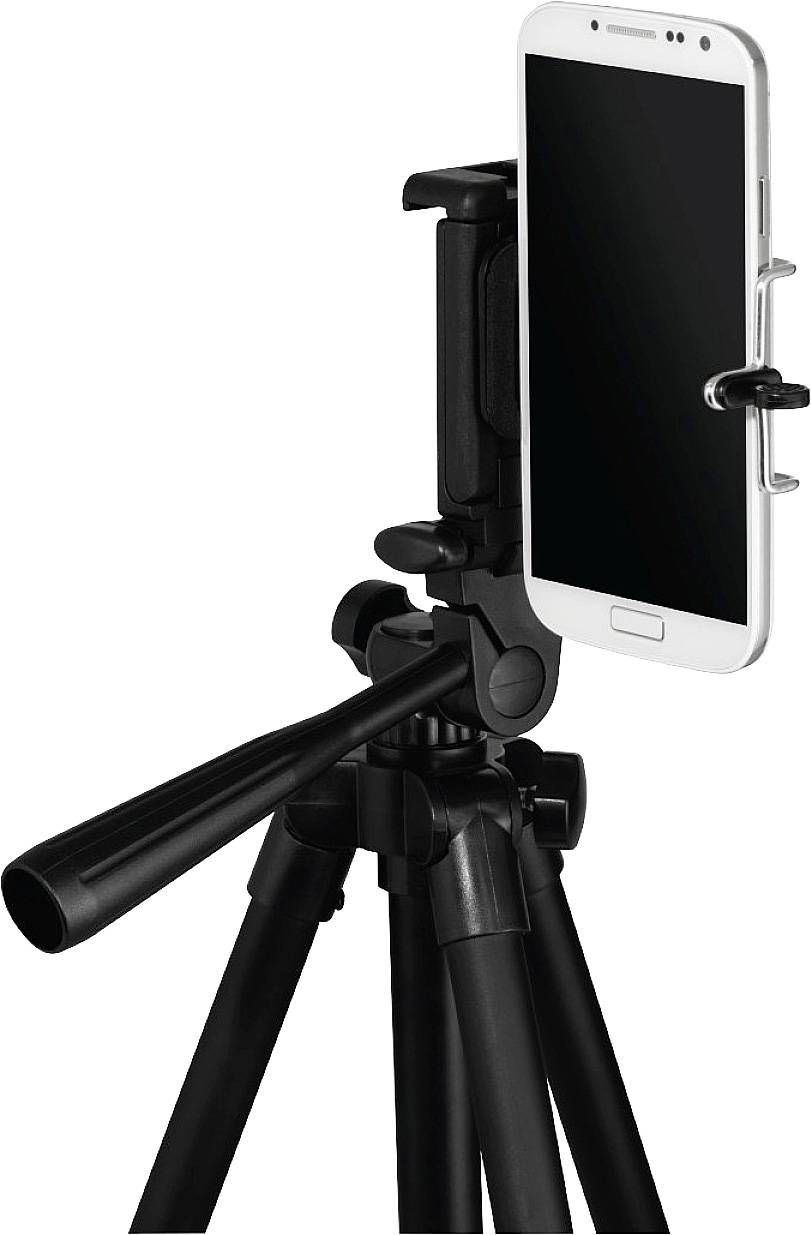 Smartphone umístěný vzpřímeně na černém stativu před bílým pozadím. Ideální pro fotografování nebo natáčení videí.